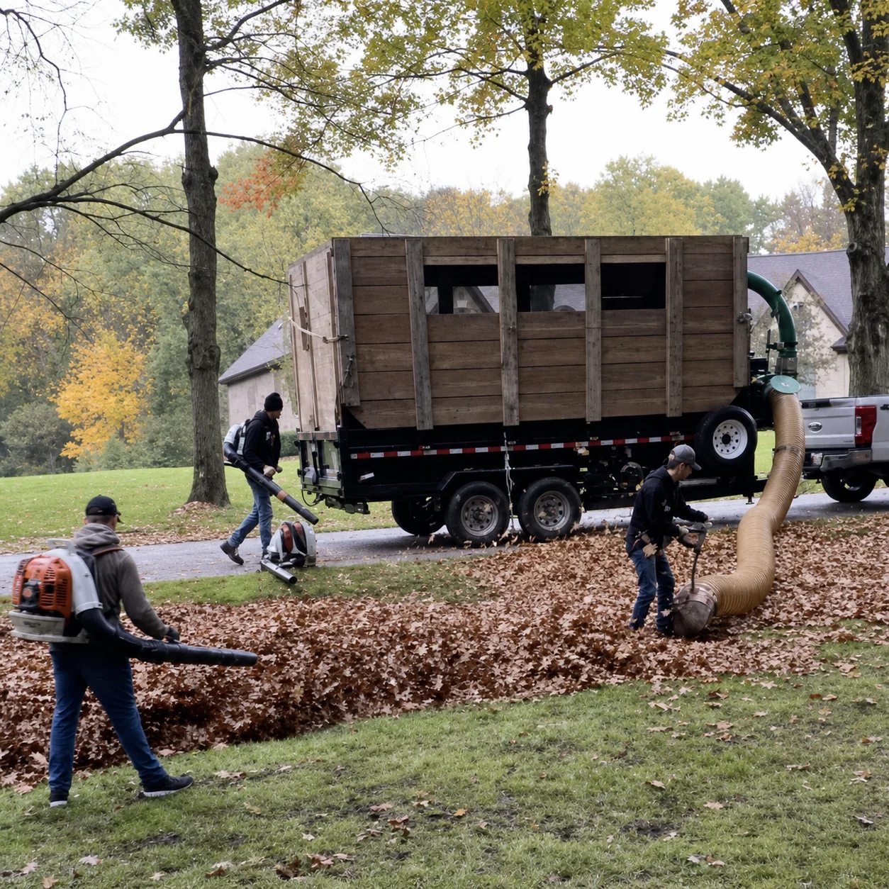 Crew blowing and vacuuming leaves into the leaf truck during a fall cleanup