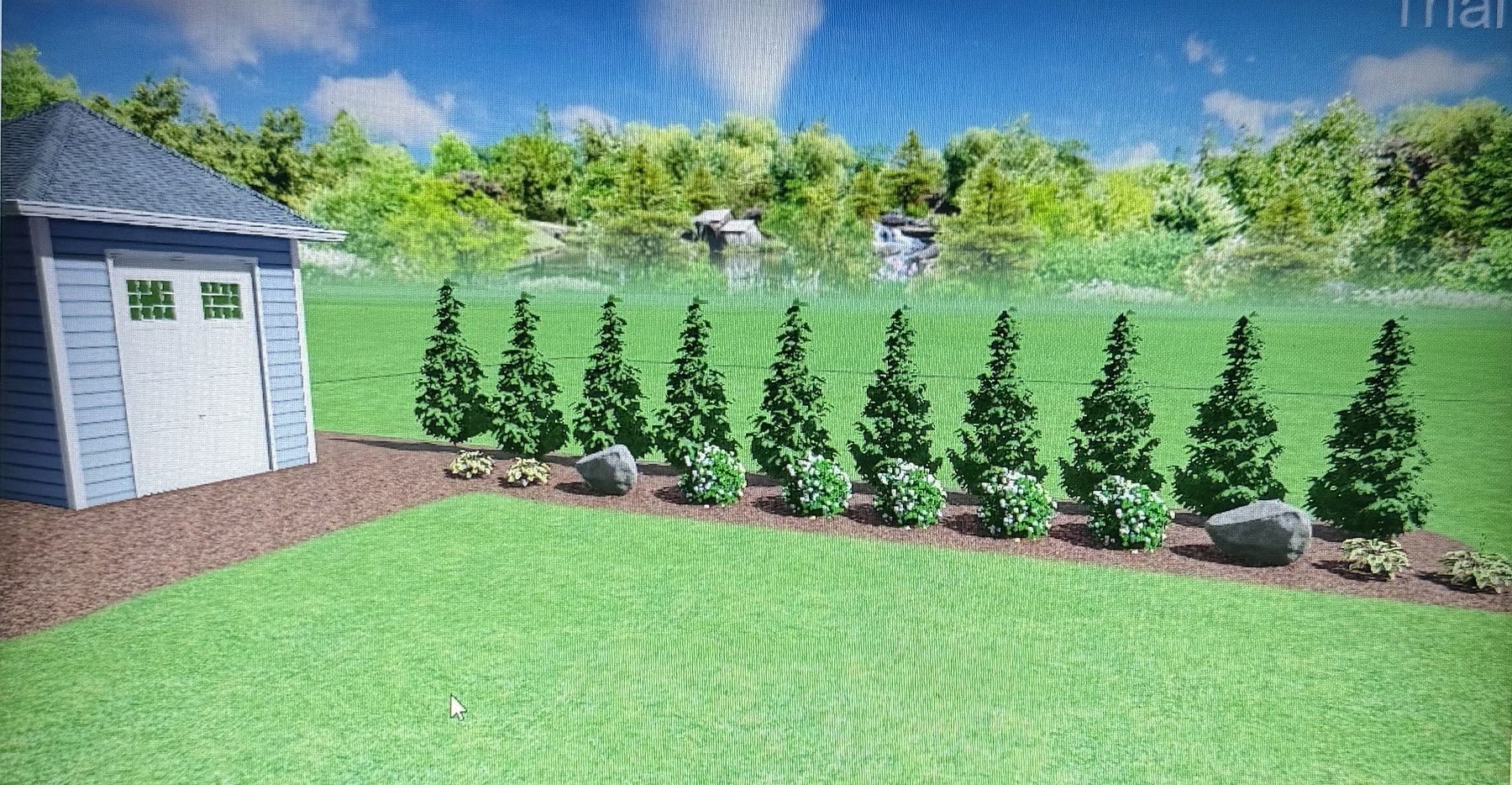 3D landscape concept showing a planned privacy row, planting beds, and open lawn