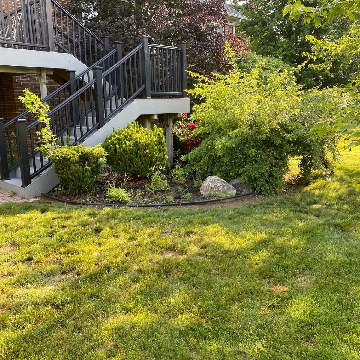 Overgrown bush and untidy bed beside deck stairs before trimming and cleanup